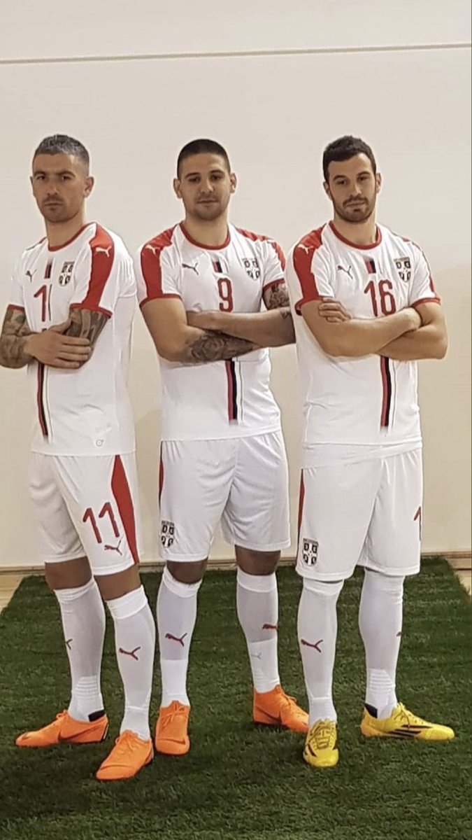 SerbianFooty's tweet photo. Kolarov, Mitrovic and Milivojevic posing in the new Serbia kit. https://t.co/A4XyopJEeT