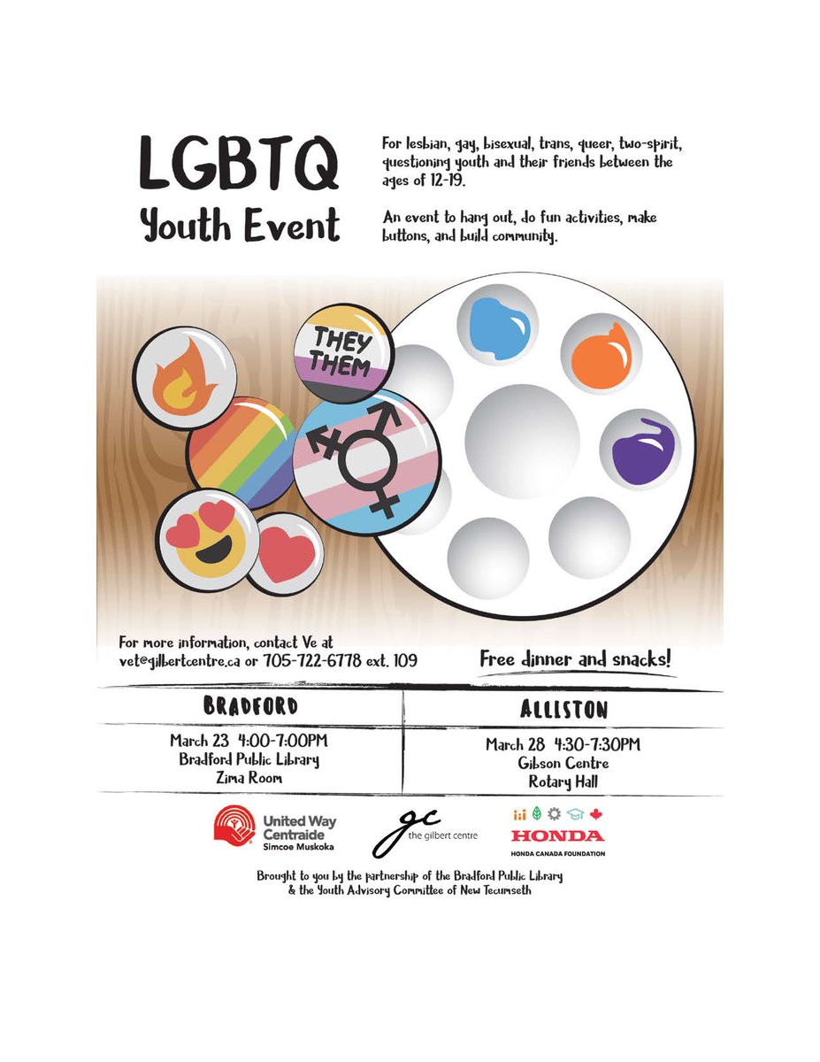 LGBTQ Youth Event <a href="/BWGLibrary/">Bradford West Gwillimbury Public Library</a> on March 23rd at 4 pm. Please see the poster for details. <a href="/SimcoePride/">Fierté Simcoe Pride</a> <a href="/SouthSimcoePS/">South Simcoe Police</a> @CouncillorRaj <a href="/Rob_Keffer/">Rob Keffer</a> <a href="/James_Leduc/">James Leduc</a>  <a href="/TownofBWG/">Town of BWG</a>