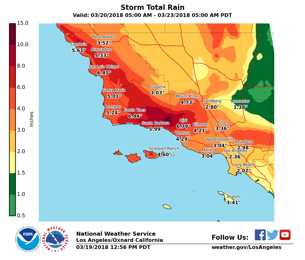 Rainfall totals for SW California starting midday Tue through late Thu night. Steady rain with periods of moderate to heavy rainfall are expected, esp Wed. afternoon through Thu. #SoCal #CAstorm #CAwx