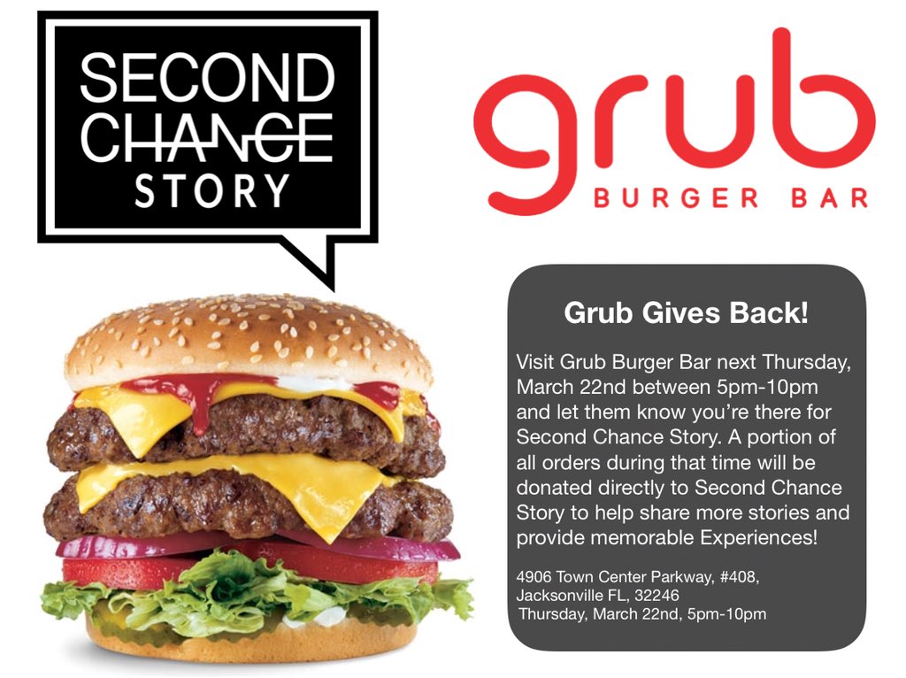 AuthorTroutman's tweet photo. Visit Grub Burger Bar at the St. John’s Town Center in Jacksonville, Florida this Thursday to help support Second Chance Story in our mission! #Jacksonville #Duval #Burger #Florida #NorthFlorida #Nonprofit #Support #DoGood #BrainInjuryAwareness #BrainInjury #SecondChanceStory https://t.co/3SbCZbJyz2