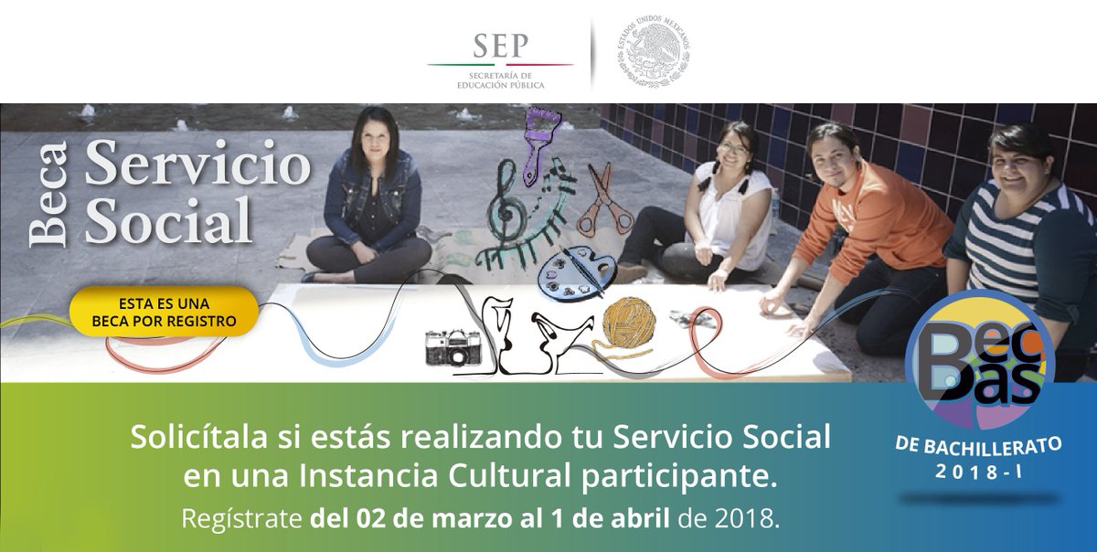 Si estás realizando tu servicio social en una instancia cultural participante, solicita la beca de servicio social para educación media superior. Consulta las bases en: becasmediasuperior.sep.gob.mx/beca-ssocial18… 
¡Regístrate antes del 1 de abril de 2018! #BecasSEP