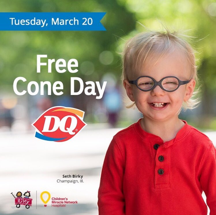 Tomorrow! You receive a free ice cream cone and the children at Riley receive a donation of your choice. Visit a Dairy Queen in Indiana to participate :-)🍦