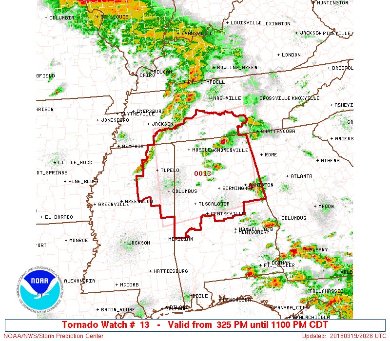 A rare "Particularly Dangerous Situation" (PDS) Tornado Watch has been issued for Northern and central Alabama, Northeast Mississippi, and Southern Tennessee. Tornadoes are expected including the possibility of a few intense/strong tornadoes. spc.noaa.gov/products/watch…