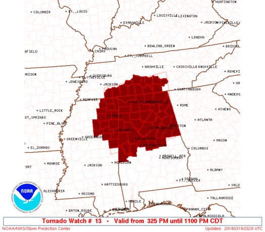 NWSBirmingham's tweet photo. A PDS (Particularly Dangerous Situation) TORNADO WATCH has been issued until 11PM for the counties in red. PLEASE have a plan to shelter when warnings are issued! We are watching counties farther south for a threat later on. Stay tuned! #alwx https://t.co/WoRrynGvfc