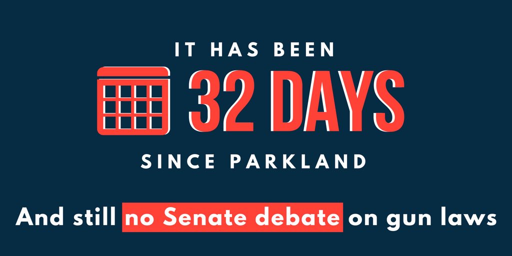 I'm about to go to the Senate floor to propose a reasonable path forward for the Senate to debate gun safety this week. It's now 32 days since #Parkland.