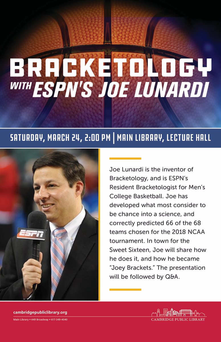 ESPNLunardi's tweet photo. Looking forward to Saturday at Cambridge (Mass.) Public Library. May even catch a game or two while in town. 😉🏀👍 https://t.co/8rzT8DbUcQ