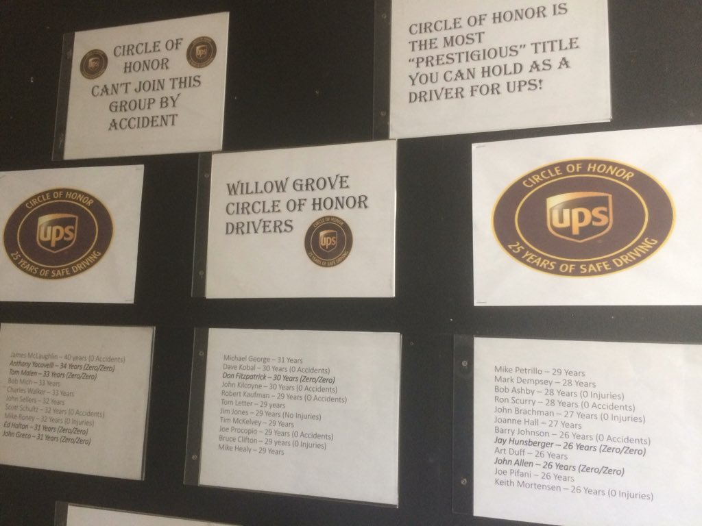 Willow Grove Feeders Circle of Honor Wall. Celebrating drivers safe driving years and injury free years. Anthony Yacovelli 34 years zero/zero, Tom Malen33 years zero/zero, and James McLaughlin 40 years safe driving.
