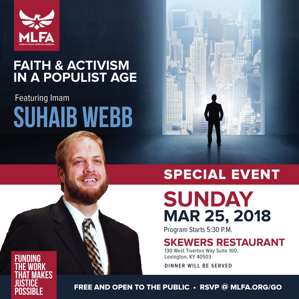 MLFA's tweet photo. 📅 This Sunday in Lexington, KY: An opportunity to support #justice is coming your way! Join @MLFA and listen to an inspiring talk by @ImamSuhaibWebb. Get your FREE tickets @ https://t.co/XYMq2Hpmd6 and invite your family and friends. #MakeJusticePossible https://t.co/qK6YLUGiIQ