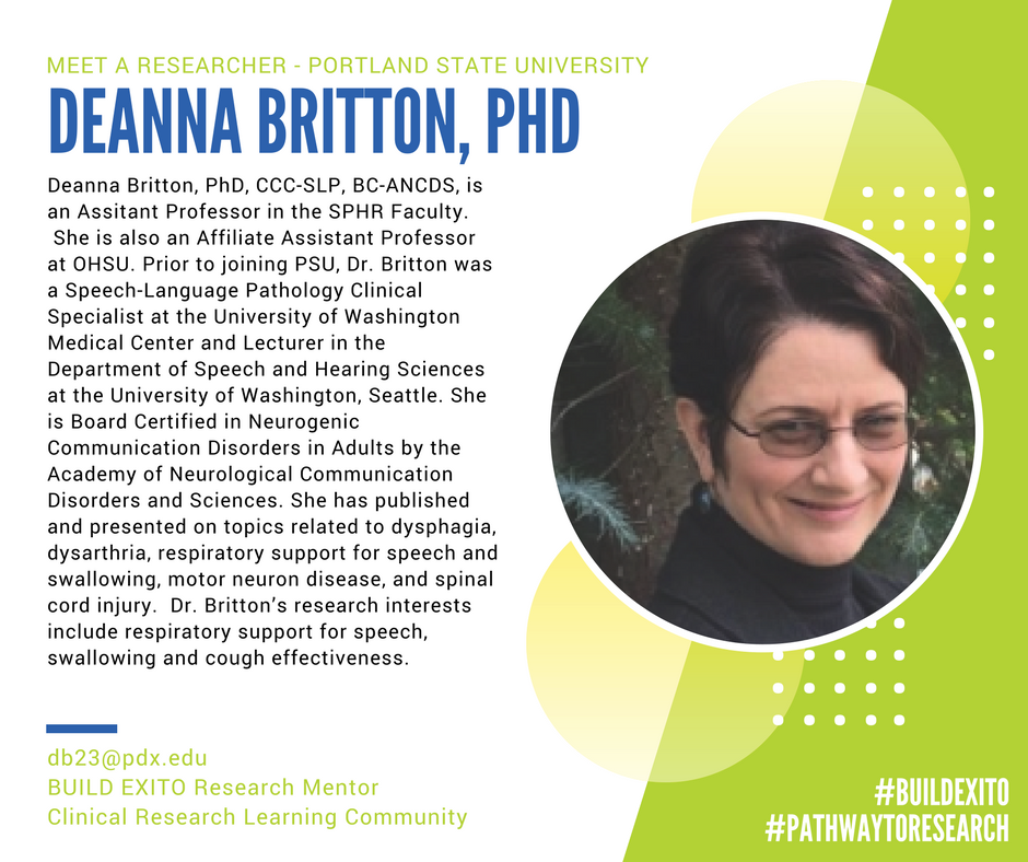 BUILDEXITO's tweet photo. Some of Dr. Deanna Britton's areas of expertise include dysphagia, motor speech, respiratory support for speech and swallowing. Learn more about her work and check our her CV at https://t.co/lbUI2MTYeU #MeetAResearcher https://t.co/w6QpOtbtJE