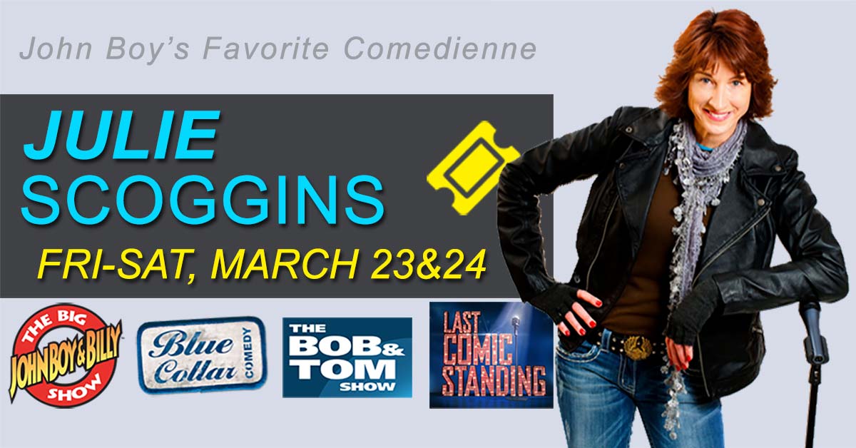 We've got a banging line-up for you coming up.  This weekend, March 23-24, it's the inimitable @JulieScoggins for three big shows.  greenvillecomedyzone.com/tickets/?page=…