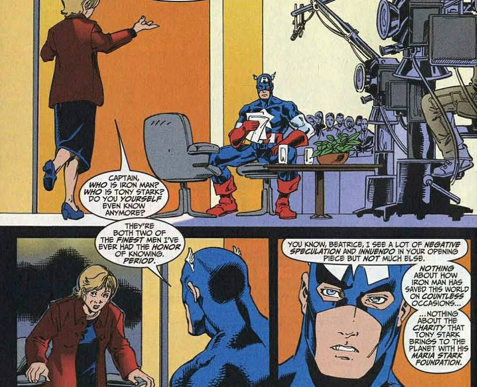 perlita_negra's tweet image. Por culpa de un rival obsesionado e intrigante, el prestigio de Tony y de Iron Man se fueron a pique. 
Steve, como siempre, los defendió a ambos en televisión (en ese momento él sí sabía que eran uno mismo)

#CanonStony #IronManVol3 #RemoteControl