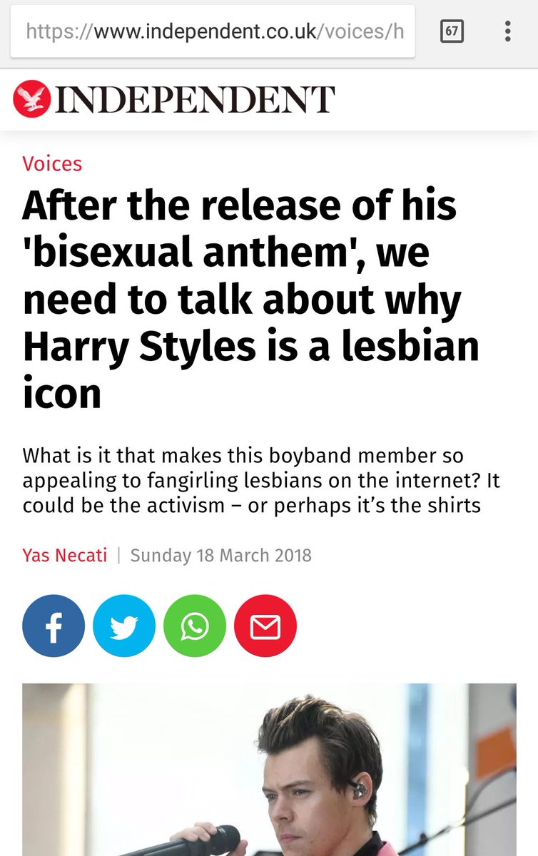 Independent article titled "After the release of his 'bisexual anthem', we need to talk about why Harry Styles is a lesbian icon"