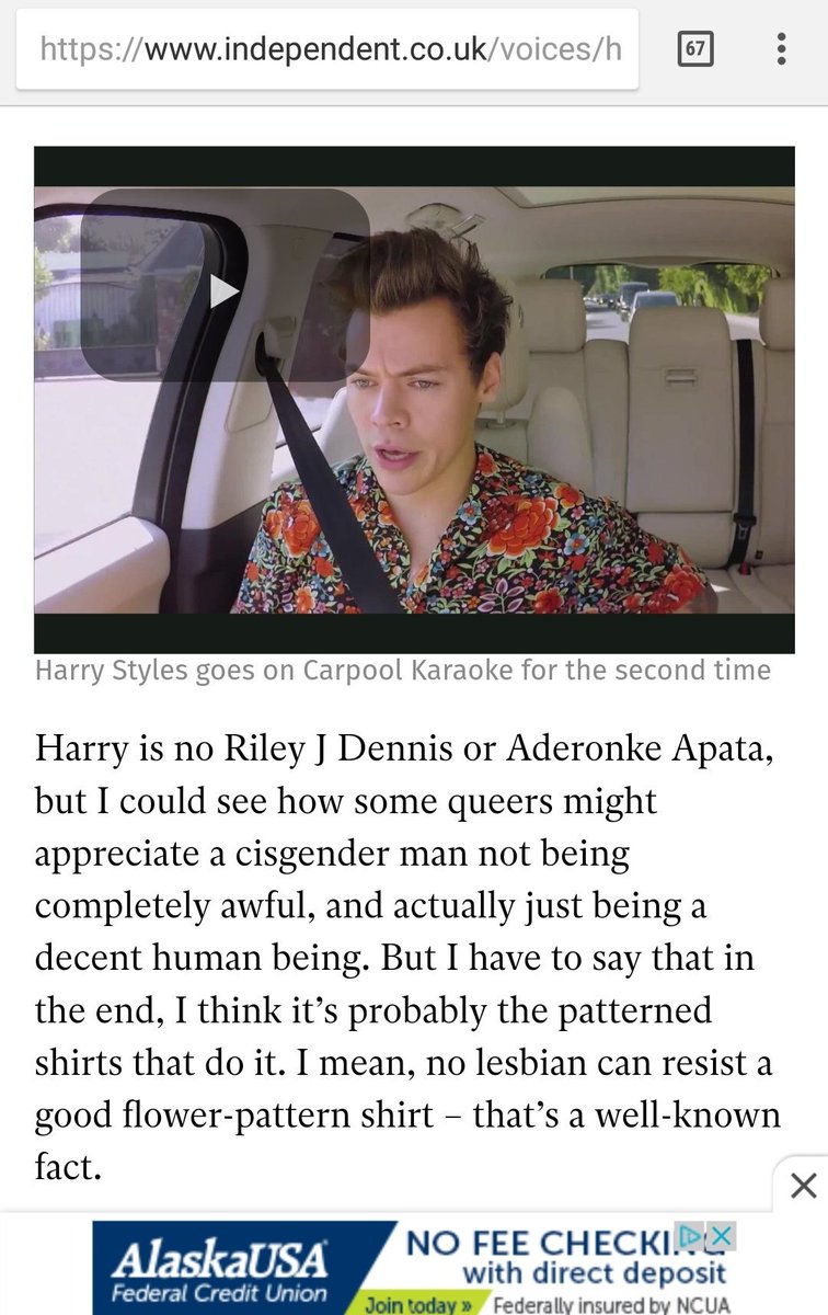 article reads: "Harry is no Riley J Dennis or Aderonke Apata, but I could see how some queers might appreciate a cisgender man not being completely awful, and actually just being a decent human being. But I have to say that in the end, I think it’s probably the patterned shirts that do it. I mean, no lesbian can resist a good flower-pattern shirt – that’s a well-known fact."
