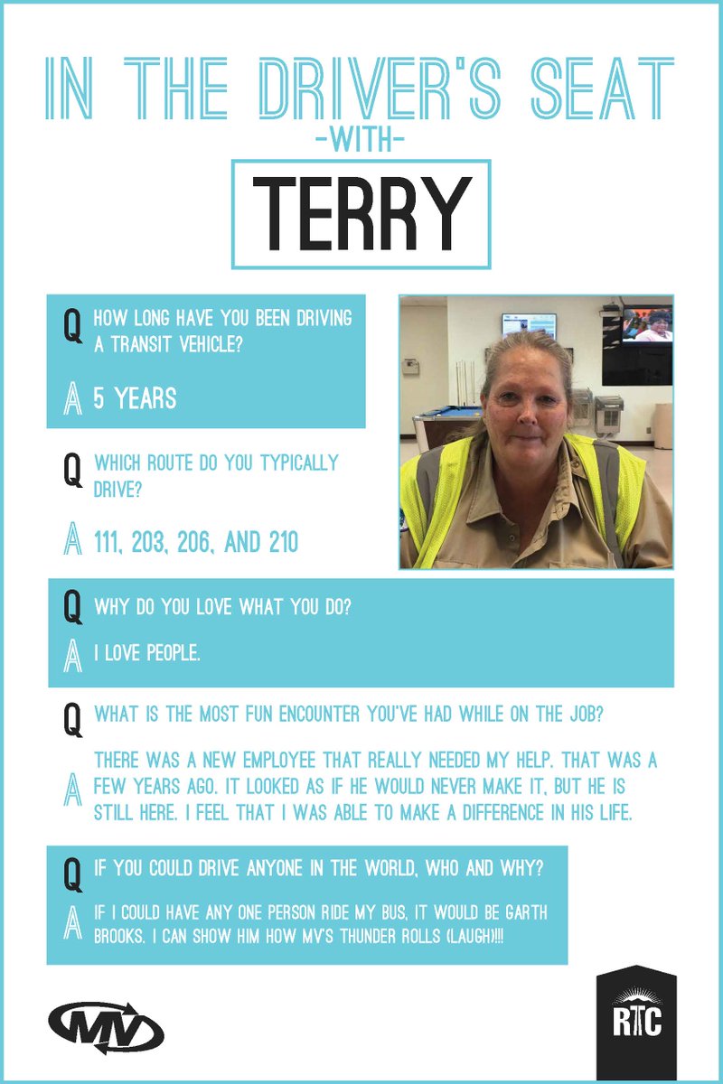 RTCSNV's tweet photo. We are celebrating National Transit Driver Appreciation Day all week long! Take a turn #InTheDriversSeat and learn a little bit more about Terry, one of the individuals you spend your commutes with! #RTCSNV #DriversRock #tdad https://t.co/FFu1GXsZy2