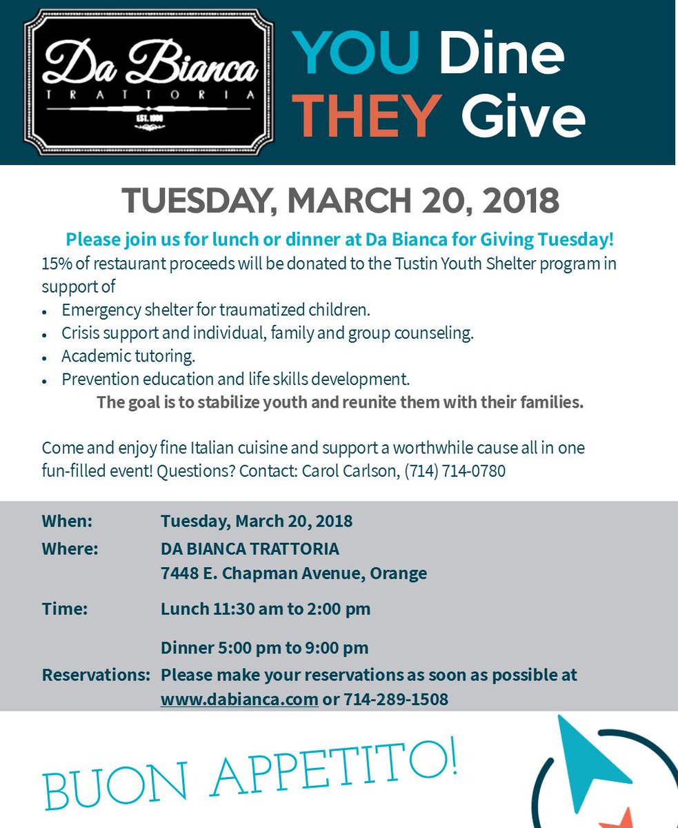 Save the Date! Join us at Da Bianca for Giving Tuesday. 15% of the days proceeds will benefit Wayfinders. Join us in making positive and lasting change in Orange County.