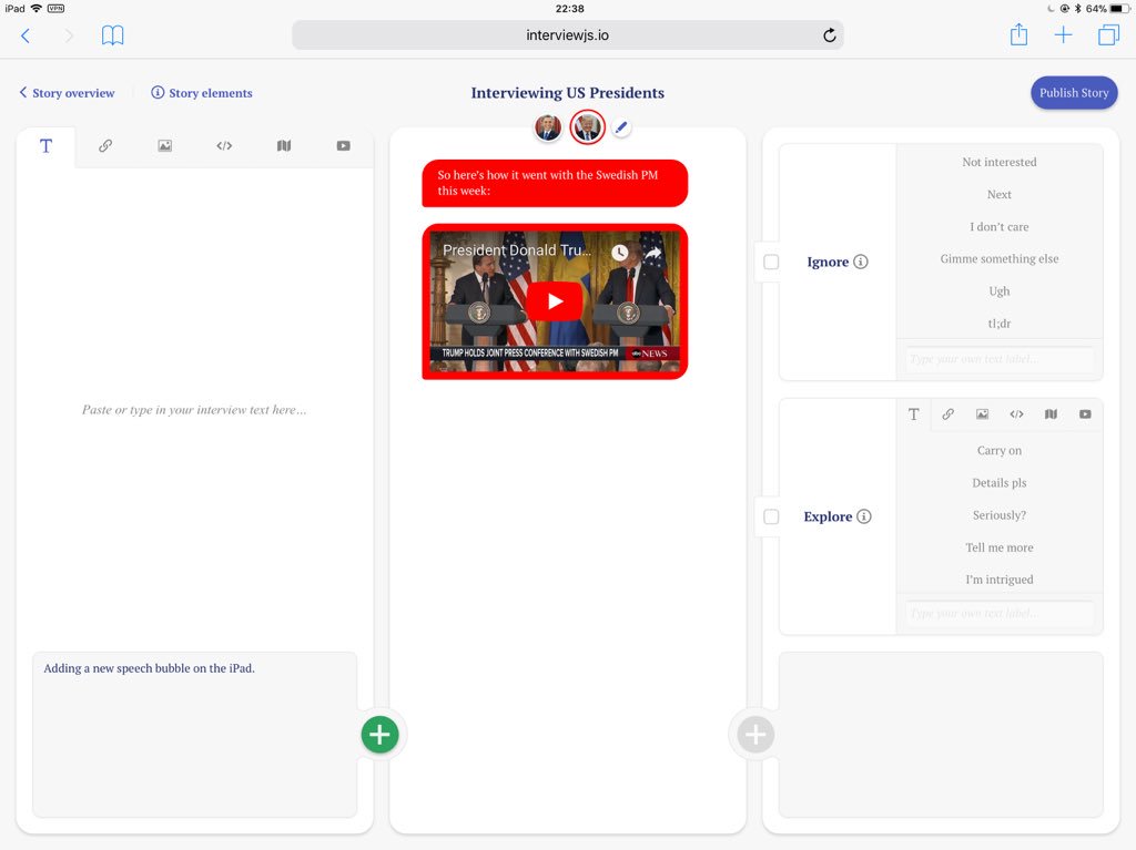 interview_js's tweet image. As our story Composer works actually pretty well on tablets, you’ll be able to script your stories on the go.👌🏻

#InterviewJS. Coming very soon.

#journalism #newsroom #toolsfornews #storytelling #storytellers #storytellingsaveslives #opennews #opensource
