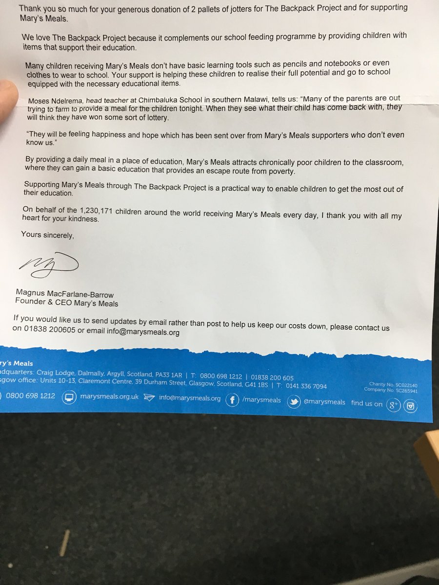 directEDltd's tweet photo. Donated these #school books to @MarysMeals and received this lovely letter. Keep up the fantastic work guys #charity #learning https://t.co/2PUJkg6cgc
