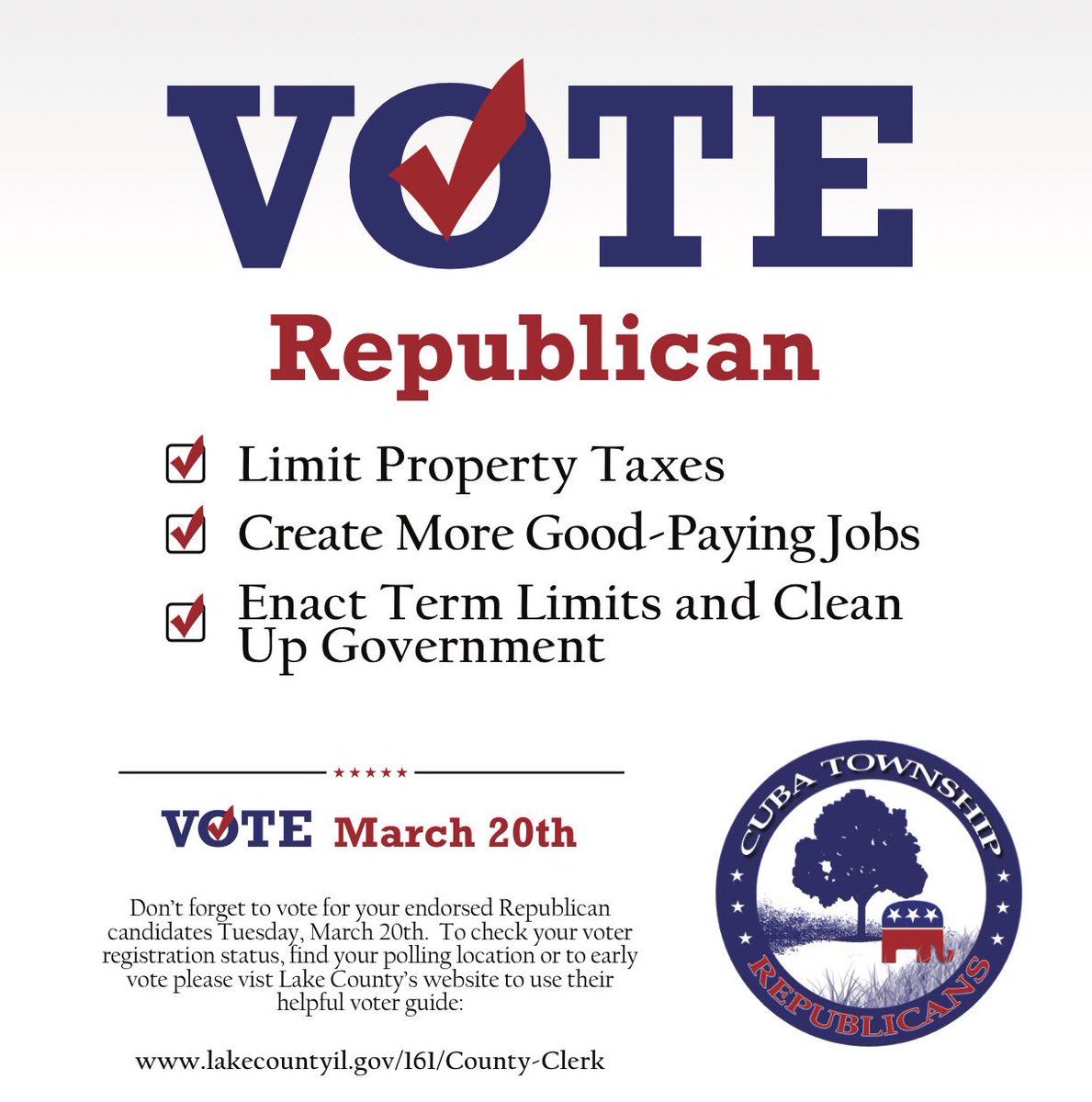 CubaTownshipGOP's tweet photo. Don’t forget to vote tomorrow, March 20th for endorsed candidates @BruceRauner, @ErikaHarold &amp; Mike Danforth for Lake County Board, District 17. Also vote for @DanMcConchie, @Nick_Sauer, @jimdodge2018, @DarleneSenger &amp; @PeterRoskam &amp; the rest of our Republican team running! https://t.co/8lFpe1QSEB