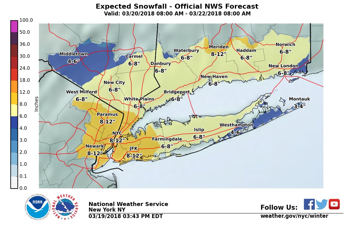 NWSNewYorkNY's tweet image. Here's the latest on the winter storm expected Tuesday night into Wednesday. Snowfall amounts have been increased across most of the region, and the steadiest precipitation is expected to start several hours earlier. Gusty winds are expected in addition to the heavy wet snow.