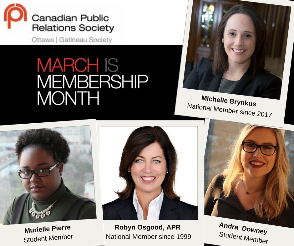 CPRSOttawaGat's tweet photo. Three cheers to Membership Month and three cheers to our #CPRSOttStudent and @CPRSNational members, @brynkus @downeyandra @RobynOsgood @MurPierre. Thank you for your commitment to #PR and to our chapter. #CPRSproud https://t.co/NSKgXqNjAI