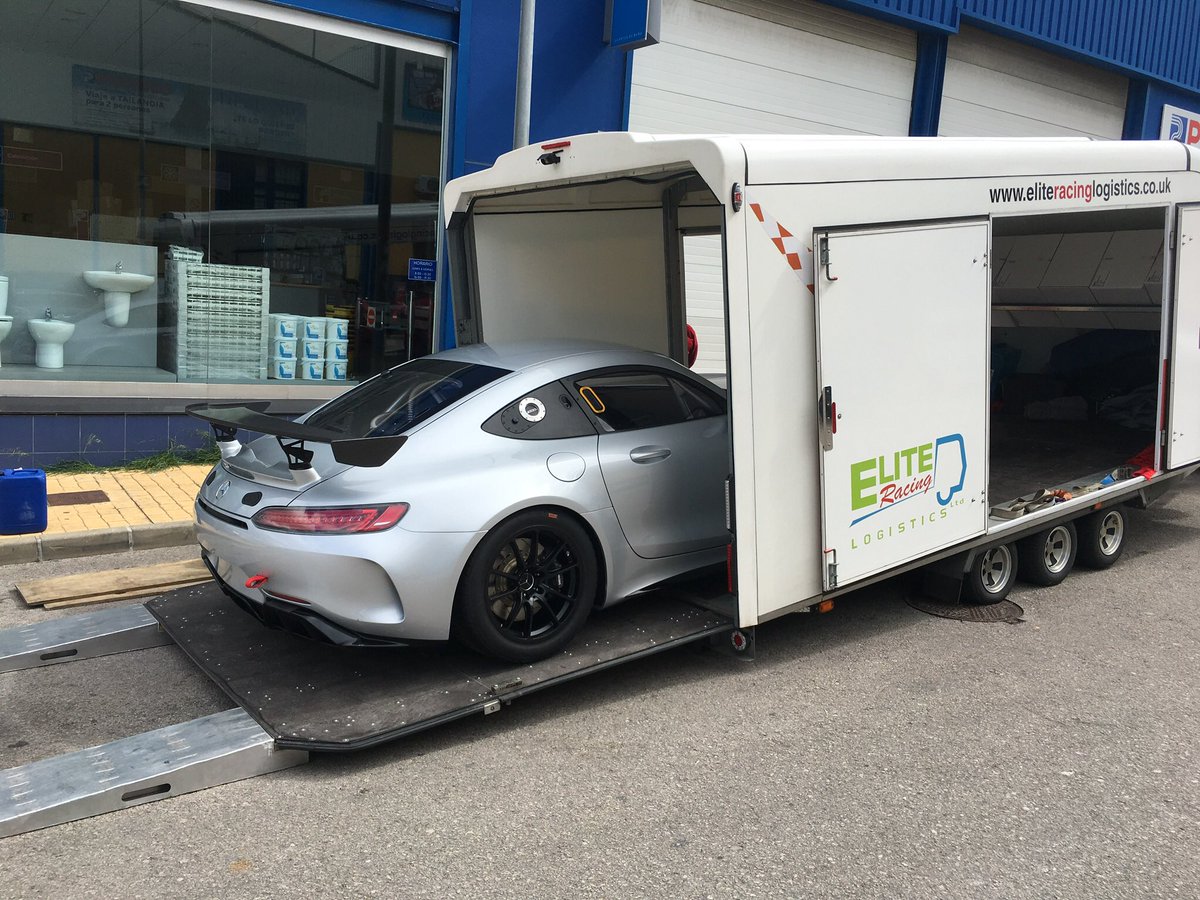 eliteracinglog's tweet image. First one of a pair of Mercedes AMG GT4’s safely delivered to southern Spain today, I’ll just nip back to Stuttgart for the second one 🚚💨
