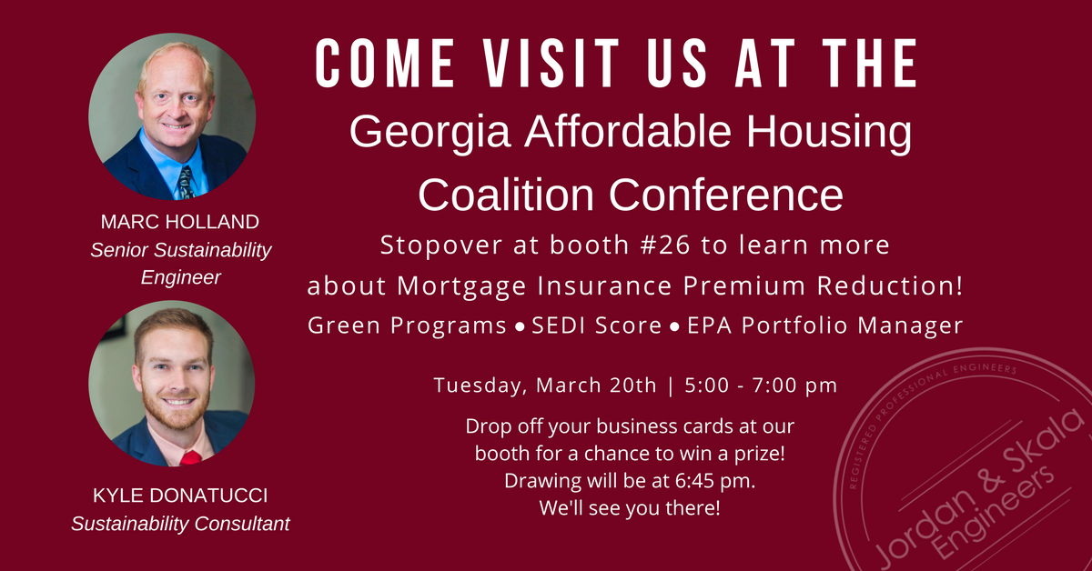 JordanSkalaEng's tweet photo. Are you attending the Georgia Affordable Housing Coalition Conference on Tuesday, March 20? Kyle Donatucci and Marc Holland look forward to meeting you at booth #26. #GAHC #MIPReduction #GreenPrograms #AffordableHousing #SEDIScore #EPAPortfolioManager #Conference #SavannahGA https://t.co/wKyT3D1M71