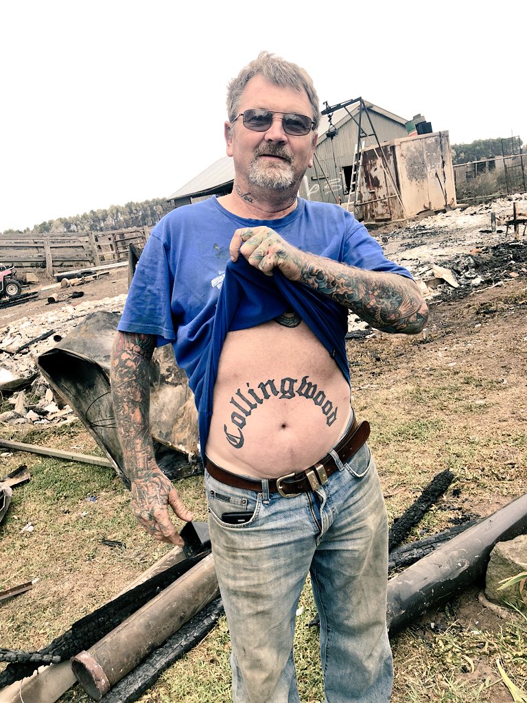 AhronYoung's tweet image. Just interviewed Andrew who lost his sheds in the fire at Terang. At the end he pulls up his tshirt, points to his Collingwood tattoo and says “now this is the real tragedy for me”.