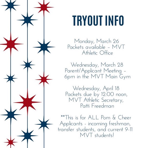 toro_cheer's tweet photo. Who’s excited for 2018-2019 MVT Pom & Cheer Tryouts?!?
🤘🏼❤️🤘🏼💙🤘🏼
Tryout Info for Pom & Cheer on 1st pic!
Cheer Prep Clinic info on 2nd pic!
#gotoros #torocheer #tcod #gofightwin https://t.co/B5ZKeBUXgO