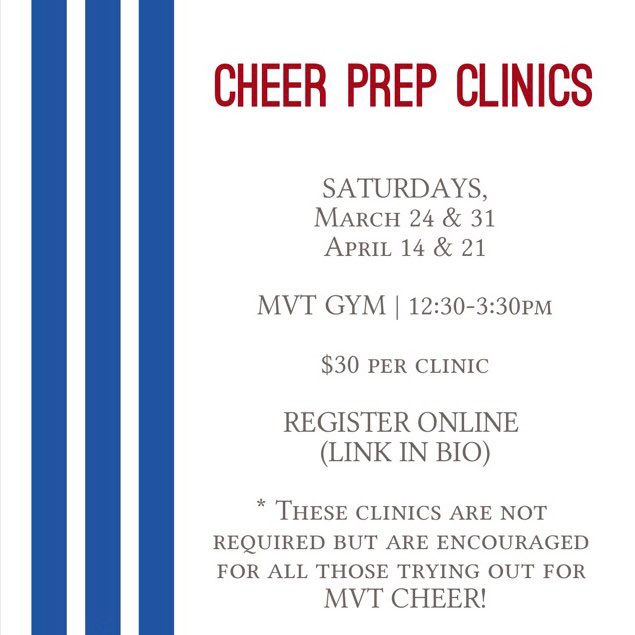 toro_cheer's tweet photo. Who’s excited for 2018-2019 MVT Pom & Cheer Tryouts?!?
🤘🏼❤️🤘🏼💙🤘🏼
Tryout Info for Pom & Cheer on 1st pic!
Cheer Prep Clinic info on 2nd pic!
#gotoros #torocheer #tcod #gofightwin https://t.co/B5ZKeBUXgO