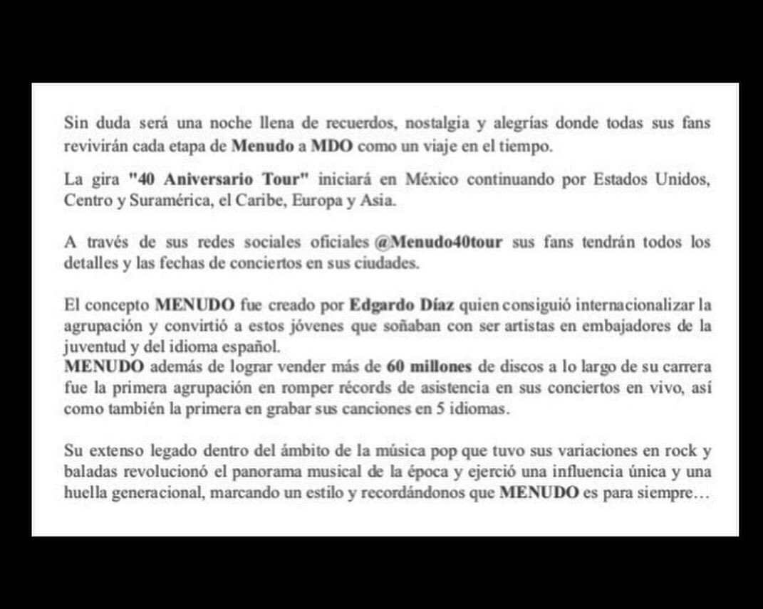 Menudo40Tour's tweet photo. INFORMACIÓN OFICIAL Comunicado #MENUDO 40th Aniversario Fenómeno Musical más IMPORTANTE de Todos Los Tiempos !!! @Menudo40Tour #Menudo40Tour #Comparte https://t.co/IjpmVr33XH
