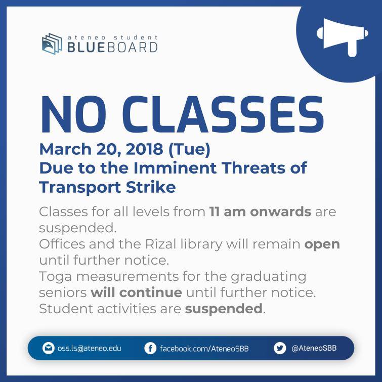 LS One Student Blueboard on X: 🚨ANNOUNCEMENT🚨 Classes are suspended for  all levels today, March 20 from 11AM onwards due to EO from the Malacanang  re imminent threats of a transport strike.