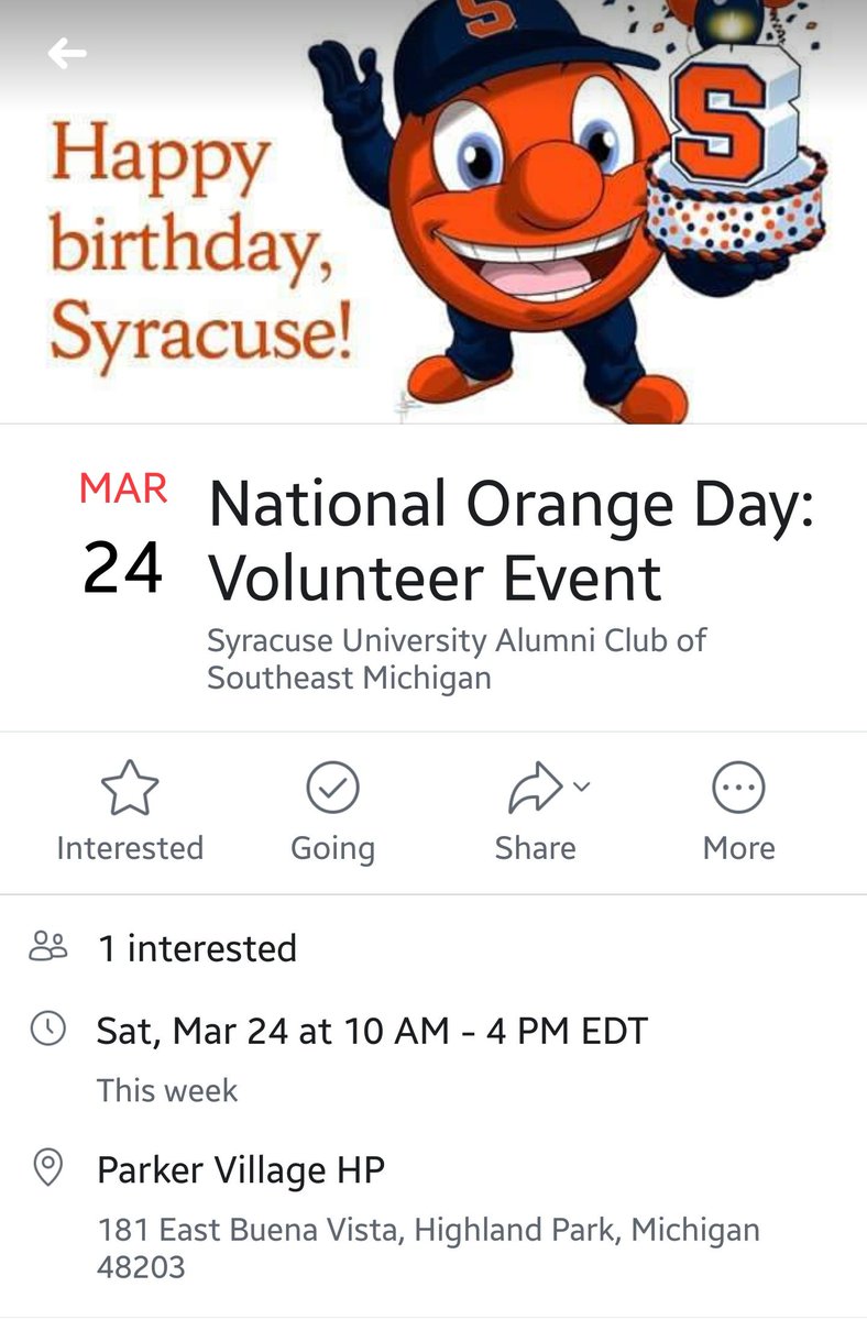 A week after our big wins vs. #TCU &amp; #MSU, we're celebrating SU's birthday🎂

<a href="/SUAlumniSeMi/">SU Alumni Club SE MI</a> will be volunteering <a href="/ParkerVillage/">Parker Village HP</a>.

📆Saturday, March 24th
🕞10am-4pm
📍 181 E. Buena Vista, Highland Park, 48203
🔶️ Wear Orange

#CelebrateSU #NationalOrangeDay #SUAlumni