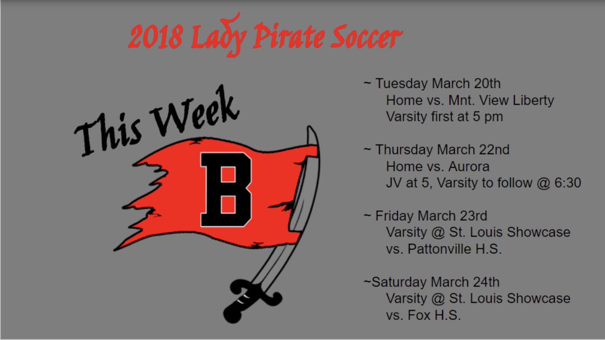 GirlsSoccer_BHS's tweet photo. It’s a busy week for the Lady Pirates, but two chances early in the week to catch them at home before they travel to St. Louis for a showcase. Come out to Pirates Stadium Tuesday and Thursday. Tuesday varsity first at 5 PM, and Thursday JV first at 5 PM followed by varsity. https://t.co/koILt6mFyR