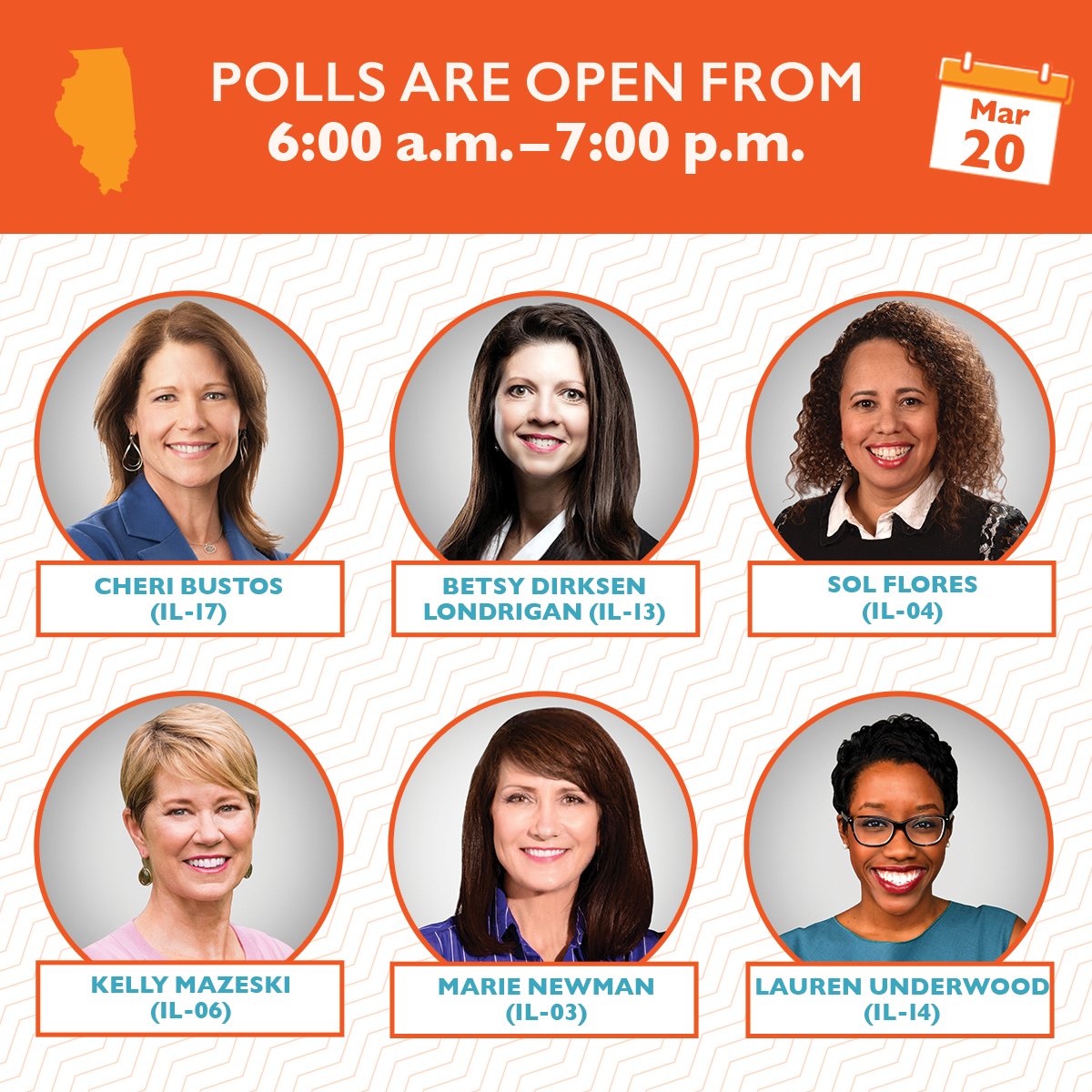 emilyslist's tweet photo. Illinois! You have a primary election tomorrow. Confirm your polling place and vote for @CheriBustos, @BetsyforIL, @standwithsol, @KellyMazeski, @Marie4Congress, and @LUnderwood630! https://t.co/lwMmubh3pZ https://t.co/lZdHaZTfC6