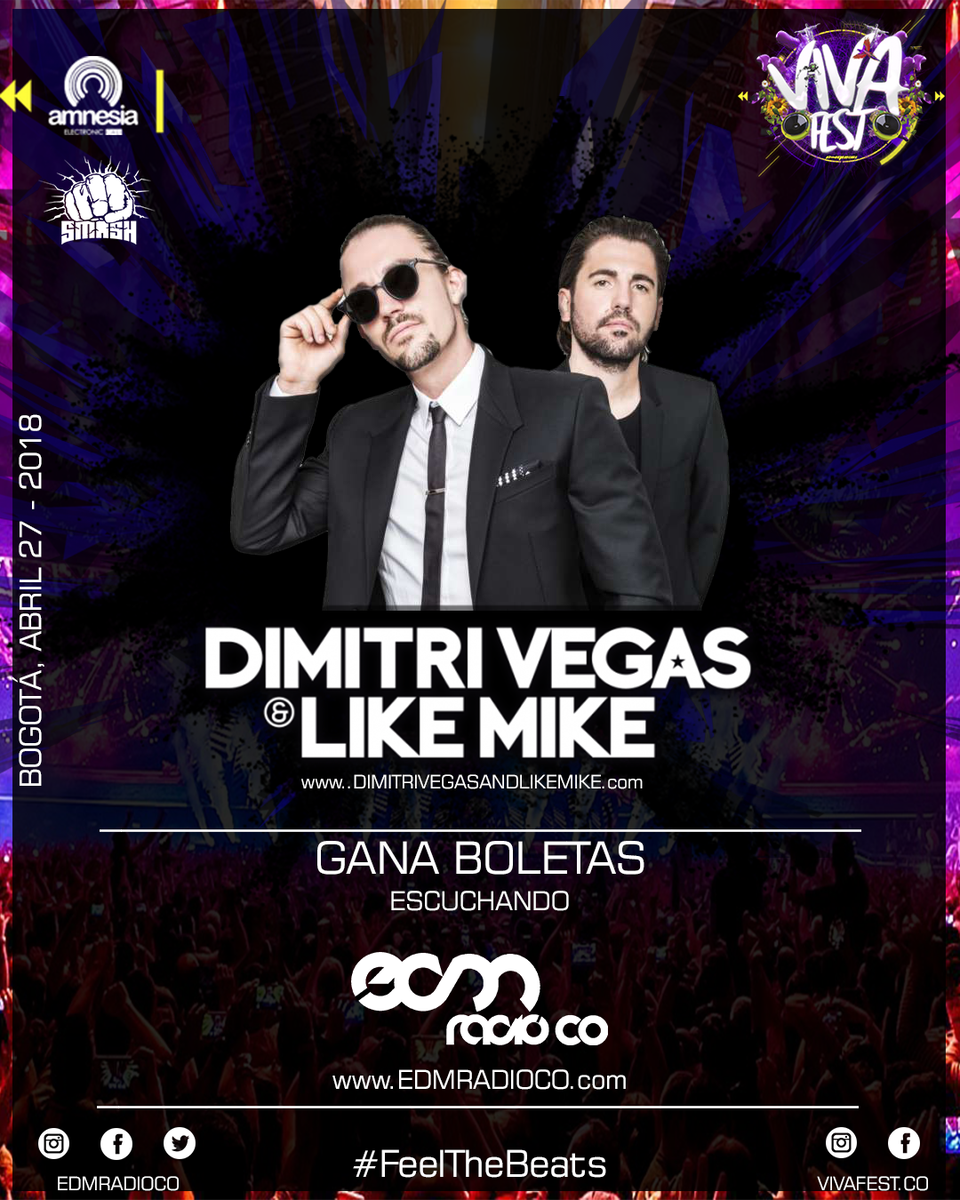 Es tu momento de disfrutar el show de @dimitrivegas & @likemike este 27 de Abril en Bogotá.
¡Participa por una boleta doble! Ingresa a nuestra pagina web http://www.edmradioco.com y conoce como participar.
Invita:
#AMNESIACALI
#VIVAFEST
@edmradioco