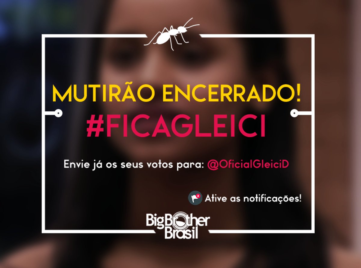 🐜 MUTIRÃO DO AMOR ENCERRADO 

Enviem seus votos dados ou acumulados ao longo do dia. Ao enviarem, retornem ao Gshow! Foco, formigas!

Nossa Gleici merece! Vamos triplicar esses votos! #FicaGleici #ForaDiego
