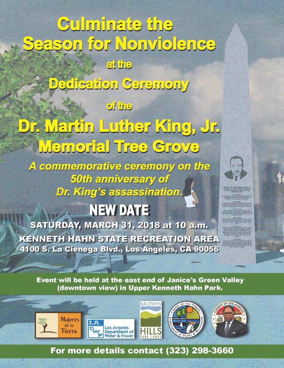 Please join Sup. Mark Ridley-Thomas on Saturday, March 31, 2018 at 10 am. The Supervisor is hosting the dedication of the  Dr. Martin Luther King, Jr. Memorial Tree Grove in recognition of the 50th anniversary of Dr. King’s assassination at Kenneth Hahn Park. See you on then!