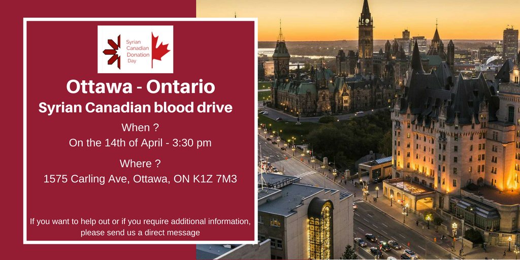 SCDD414's tweet photo. Don't miss your chance to help out ! On the 14th of April , Syrians Canadians will donate blood in Ottawa, ON.
Send us more a direct message if you require more information.
#SCDD414
#thank_u_Canada
#Canada https://t.co/L0AufxZDtV