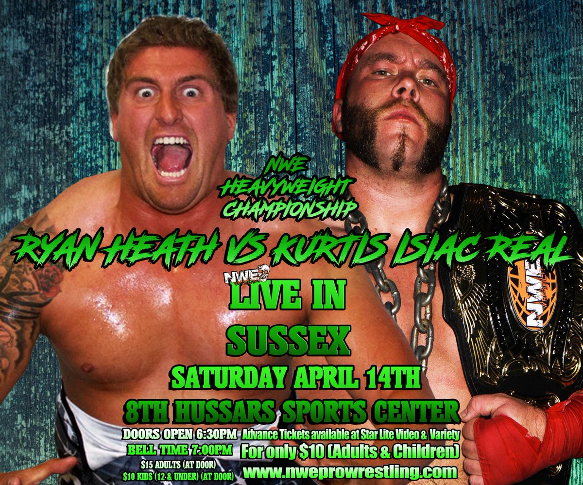 nweprowrestling's tweet photo. We are here with a MAJOR announcement for NWE LIVE in Sussex Sat, April 14th at the 8th Hussars Sports Centre In your main event you will see NWE Heavyweight Champion KI Real defend his NWE Heavyweight Championship against former NWE Heavyweight Champion Ryan Heath. #NWELIVE https://t.co/gquqzBKMGo