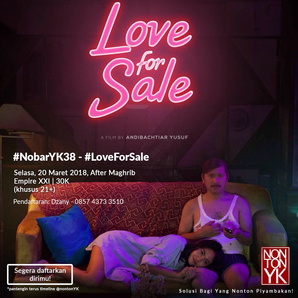 Buat yang di Jogja dan bingung sama siapa mau nonton film Gading galer, tuh ntar malam <a href="/nontonYK/">Cah Nonton</a> bikin nobarnya.

Cus kontak <a href="/dziedzany/">Dzani Kusuma Putri</a> aja yak.

Sekalian juga buat dedek-dedek yang pengen gabung komunitasnya, bisa tanya-tanya ke situ.