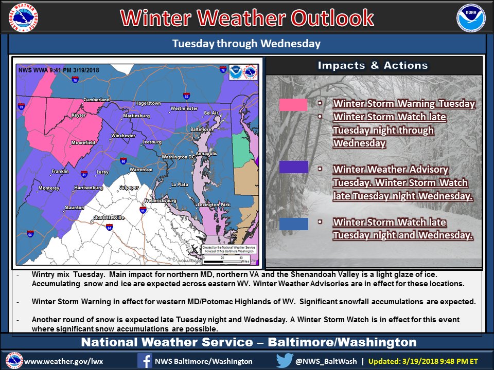 NWS_BaltWash's tweet image. Update regarding the winter weather headlines for Tuesday and Wednesday. See map for details. For additional information, go to ht.ly/qmEA30j2GLo