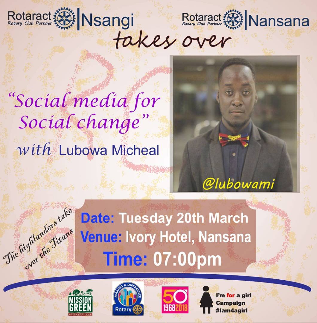 CKahunde's tweet photo. Today @rctnansana we host @lubowami talking about how best to harness Social media for social change.  #Rotaract50 #IAmRotaract https://t.co/h2hp405CX7
