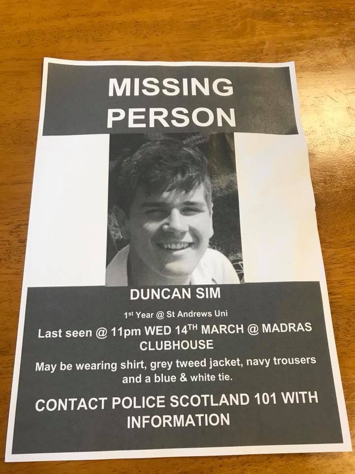 thesaintonline's tweet photo. Search for missing student Duncan Sim enters sixth day - Mr Sim, a 19 year-old Chemistry student at the University of St Andrews was last seen leaving a social at the Madras Rugby Club near Old Station Road at 11 pm on Wednesday March 14 with friends.

https://t.co/IW7xKjkZjQ https://t.co/jOjfK3zwJV