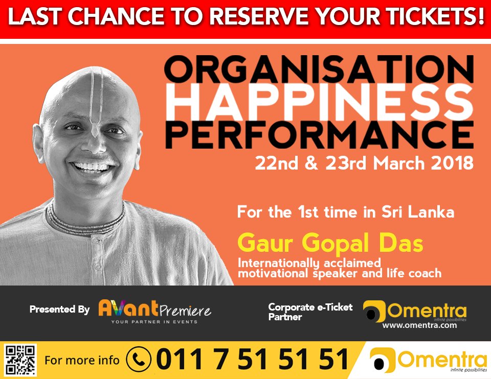 OmentraOfficial's tweet photo. Your Last Chance to reserve Seats for a thought provoking discussion for Corporates by Gaur Gopal Das !
To avoid disappointment click here to get Tickets:

Click: https://t.co/FFjMYMzoIH 
Call: 0117515151
#GaurGopalDas #CorporateDiscussion  #AVPR #eTicketing #Omentra #SriLanka https://t.co/oV0ZJupIgS