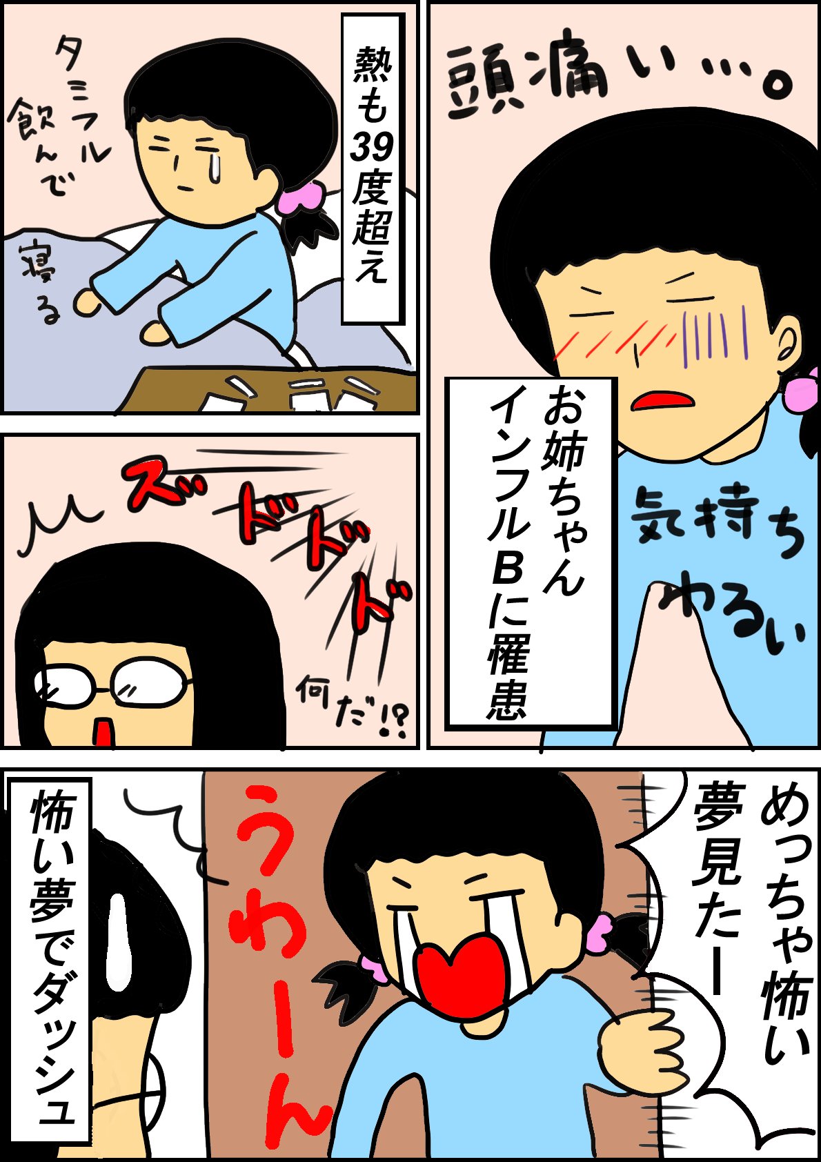まるなみ 一番重症だった 昨日病院から帰ってきた時のお話です 高熱でダッシュとか すごくビックリしました 今日は朝から平熱になりました D 育児漫画 インフルb 悪夢 漫画をまとめたブログ ピィちゃん日記 はこちらからお願い