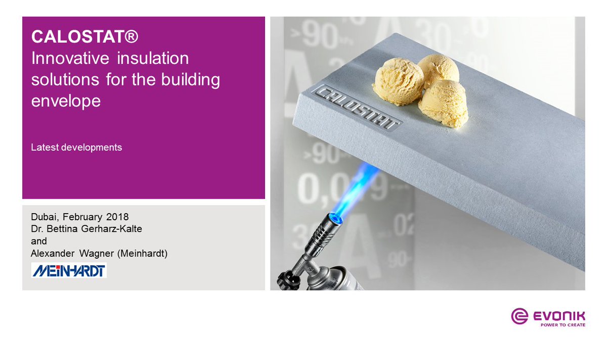 Evonik's tweet photo. At 10:20 p.m. local time Dr. Gerharz-Kalte will give a #PechaKucha presentation about latest developments with #CALOSTAT the #superinsulation material of #Evonik. Together with @meinhardtuk she will show latest developments at @zakwof conference in #Dubai. https://t.co/G94E59uUh6