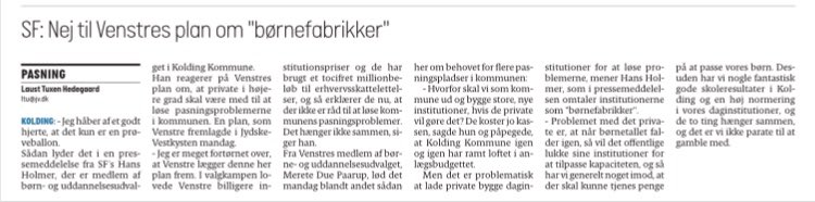 SFKolding's tweet photo. @VenstreKolding vil løse problemerne med flere børn ved at lade private bygge skoler og institutioner. Ejer af fire skoler udenfor kommunen står klar. Nej tak, siger @HolmerHans https://t.co/ytQj6HaXgU