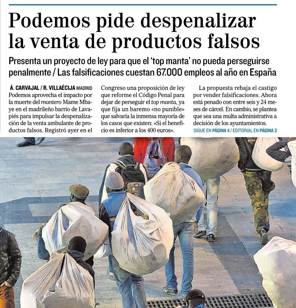 Después de expandir bulos sobre el fallecimiento del mantero y generar con ello graves disturbios en Lavapies ahora Podemos pretende legalizar el ‘top manta’ que ya destruye 67.000 empleos cada año en España. Eso es reírse a la cara de los comerciantes que sí pagan impuestos