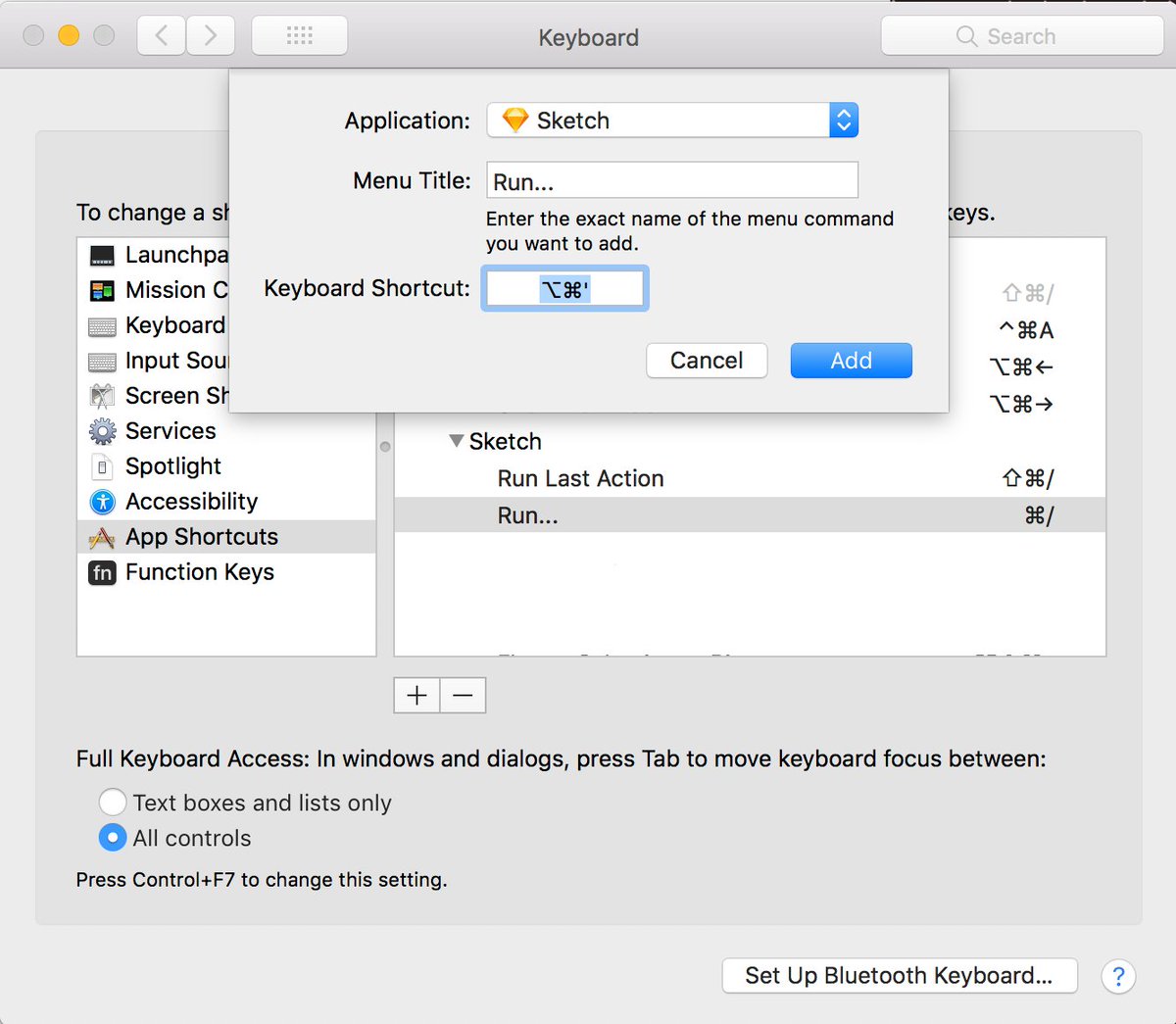 Sketch Runner The Default Shortcut Is Cmd A Custom One Can Be Set In System Preferences Under Keyboard And Then Adding An App Shortcut For Sketch With Run As The