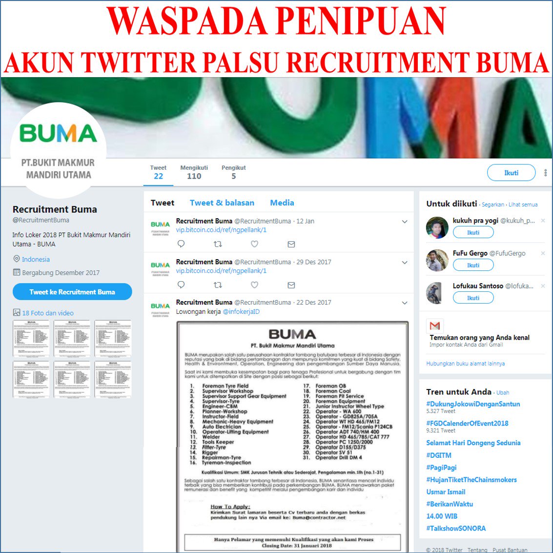 BUMAofficial's tweet photo. Akun Twitter  PALSU Recruitment BUMA

TEST DI BUMA TIDAK DIPUNGUT BIAYA DALAMBENTUK APAPUN

Untuk Posisi Sebagai Staff,
silahkan mengisi data di Link ini https://t.co/kr6SQcePFH 

Untuk posisi sebagai Operator/ mekanik,
silahkan mengisi data di link ini https://t.co/kLPKZxIh7v https://t.co/YFJUw62axH